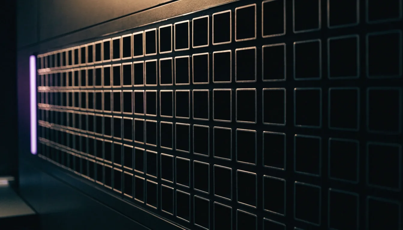 A wall-mounted grid of empty card slots in a dim studio, lit by raking light