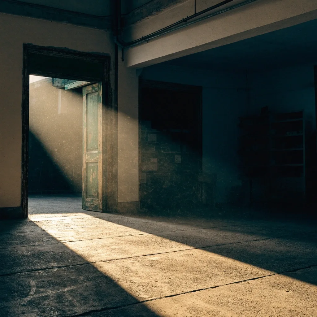 Morning light crossing the concrete floor of the studio doorway at Null Lines