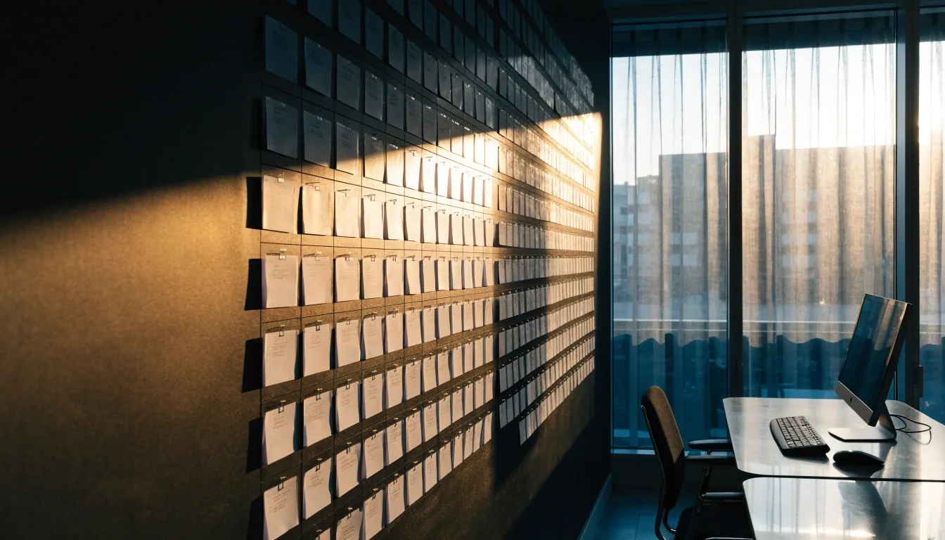 A studio bay wall of pinned job cards at 8am, raked by low warm light from the left