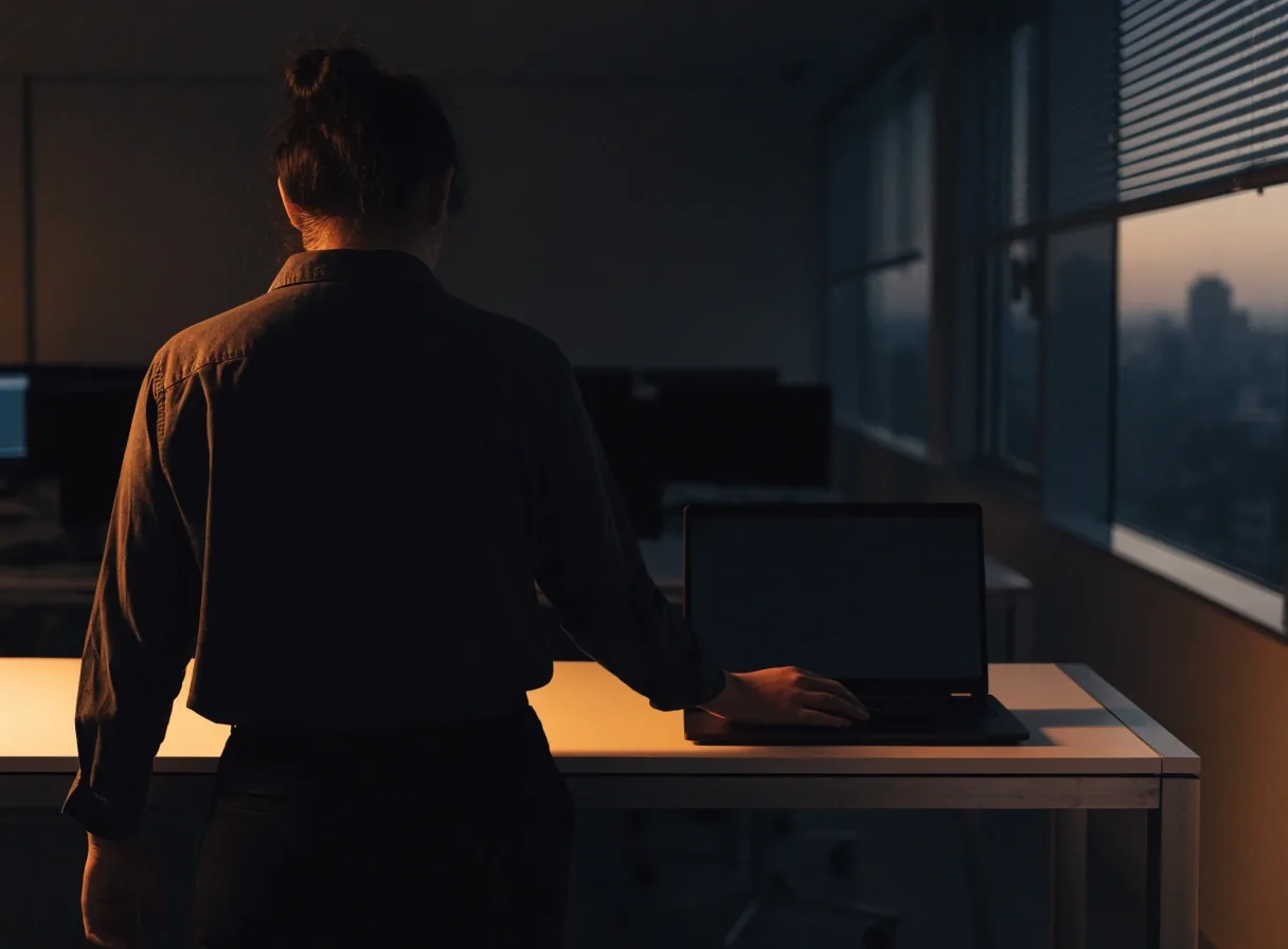 A studio desk in raking morning light, hands at a keyboard with the display turned away