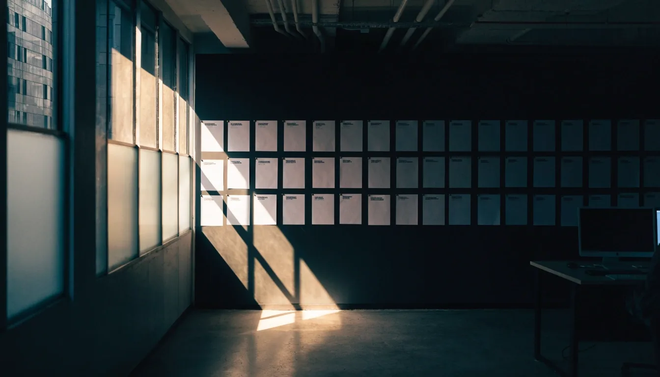 Morning light raking across a wall of pinned job cards in a Singapore software studio bay