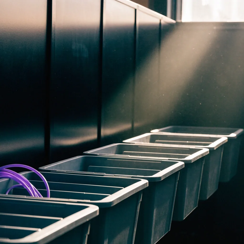 Empty cubby cells on a studio wall with a violet strip catching morning light