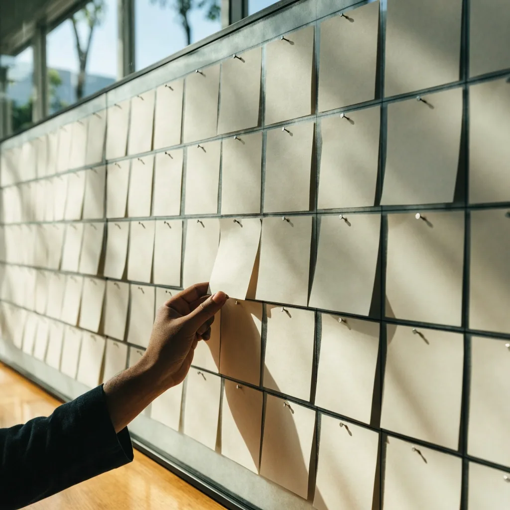 Rows of blank pinned index cards on a planning wall, one card sitting slightly proud