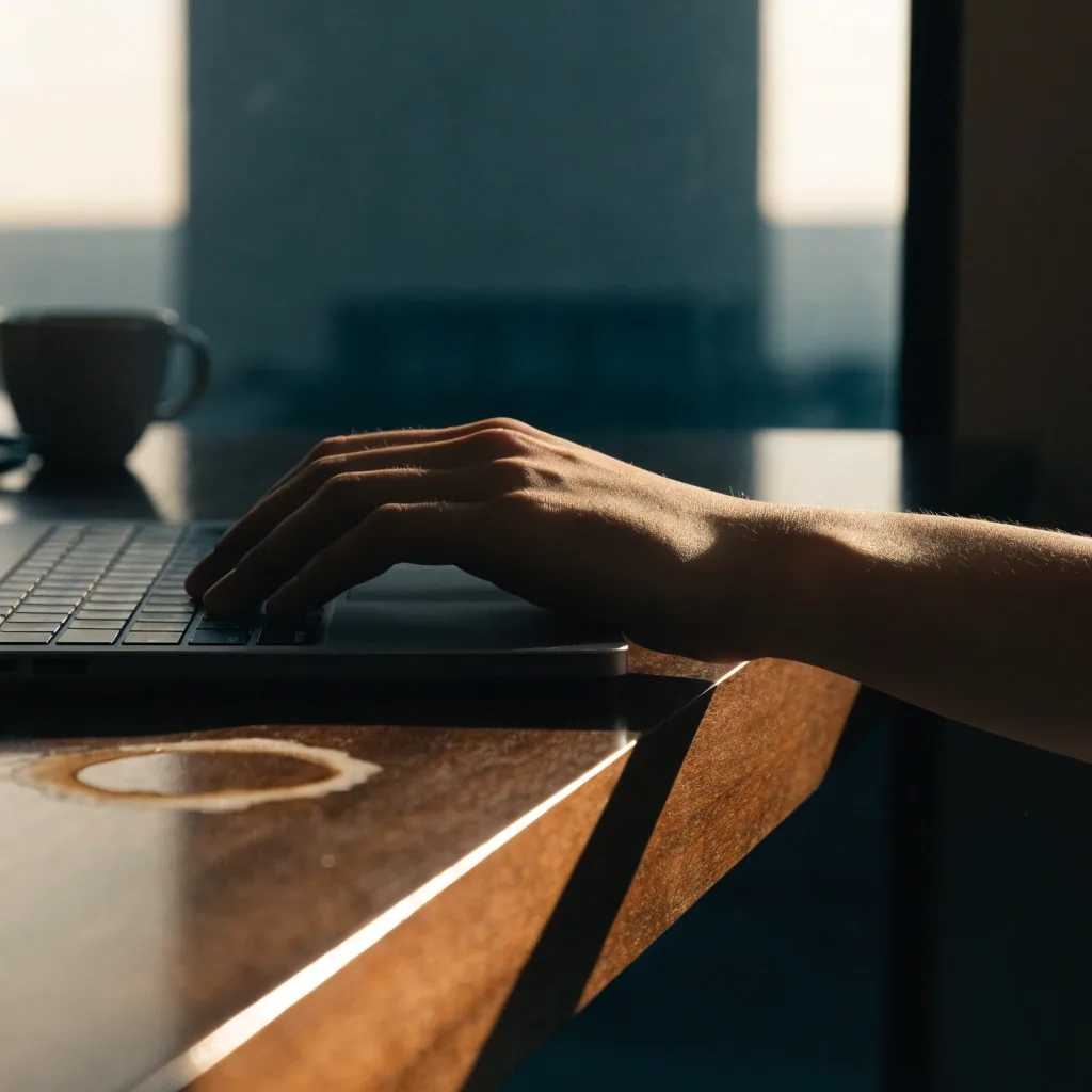 Studio desk in late afternoon light with a closed laptop and window light across the surface