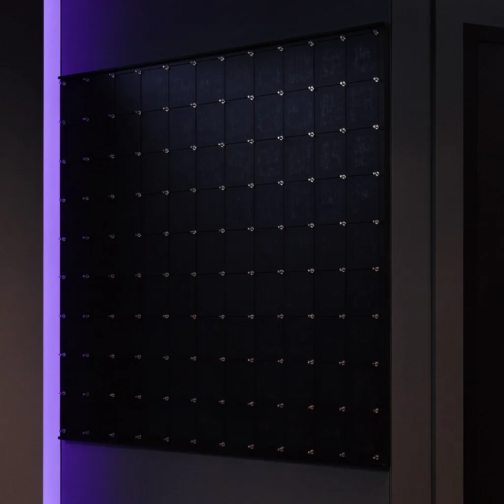Wall-mounted grid of empty pinned cells with a violet strip at the left edge