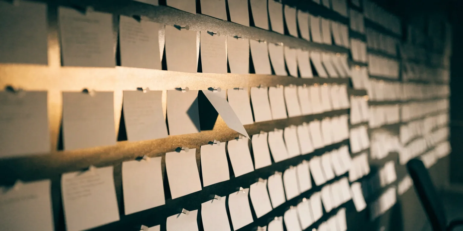A wall of blank pinned cards in a studio with one card sitting proud of the rest