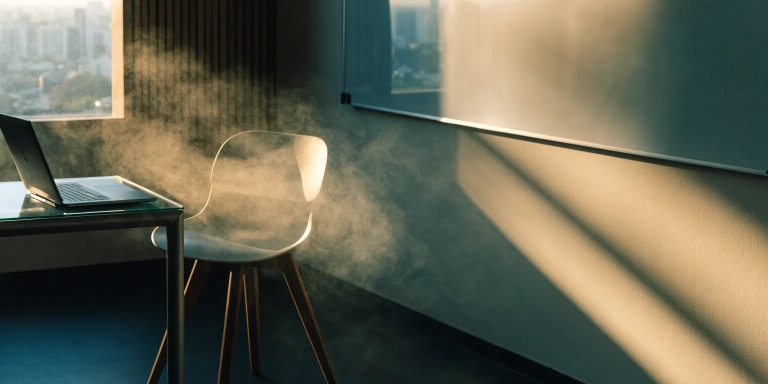 A quiet studio workspace in morning light with a dark display plane turned away
