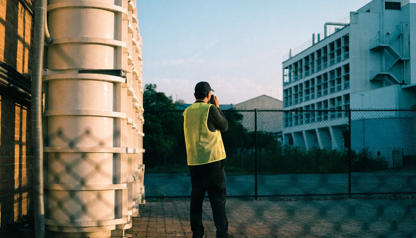 A field technician holding a phone in an industrial yard at late afternoon