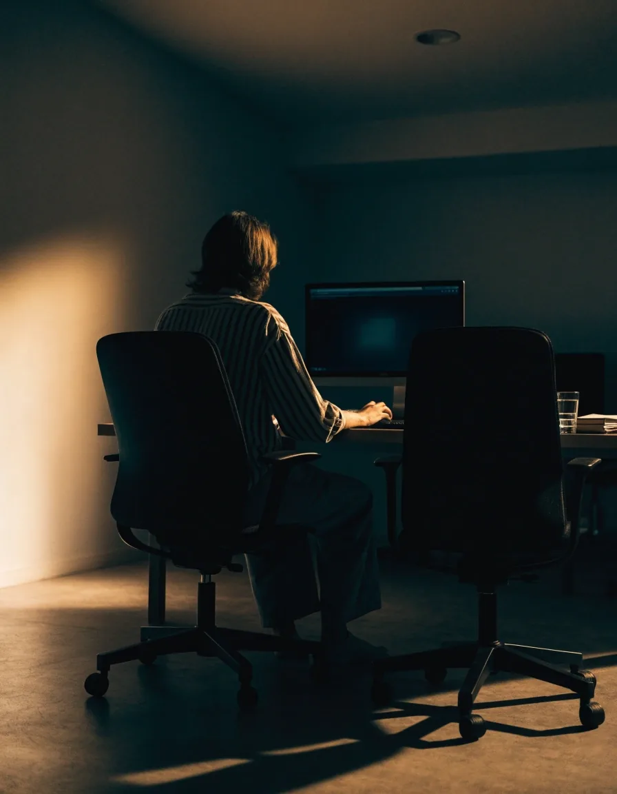Hands at a keyboard in raking light, the screen a dark plane